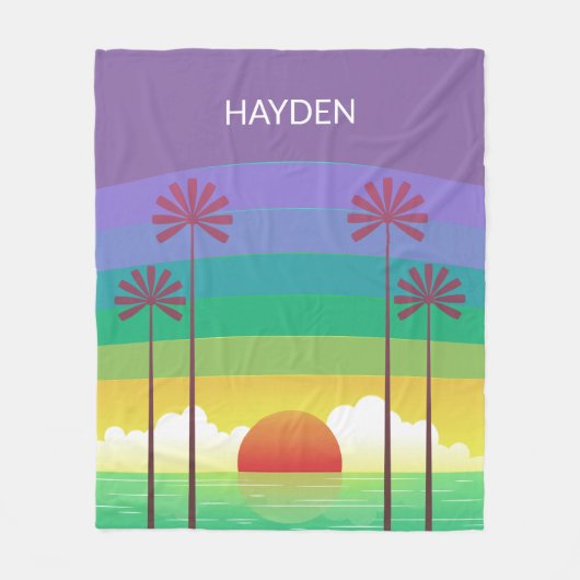Retro Purple Sunset Palm Trees Art Personalised Fleecedecke (Vorderseite)