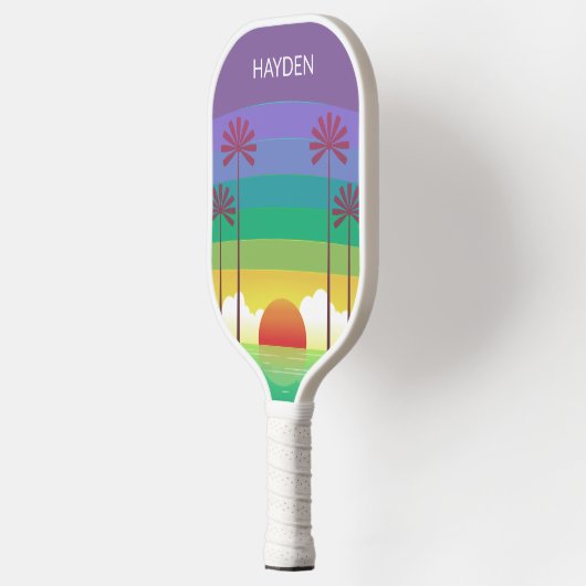 Retro Purple Sunset Palm Trees Art Personalised Pickleball Schläger (Links)