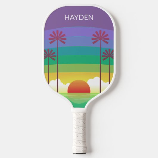 Retro Purple Sunset Palm Trees Art Personalised Pickleball Schläger (Vorderseite)