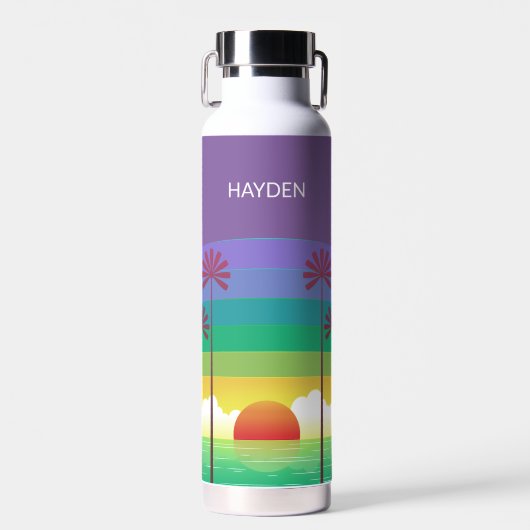 Retro Purple Sunset Palm Trees Art Personalised Trinkflasche (Vorne)
