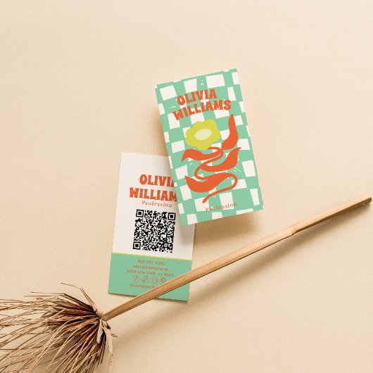 Retro-QR-Code Boho Groovy Karo Floral Gänseblümche Visitenkarte