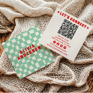 Retro QR Code Groovy Checkered Boho Trendy Unique Quadratische Visitenkarte
