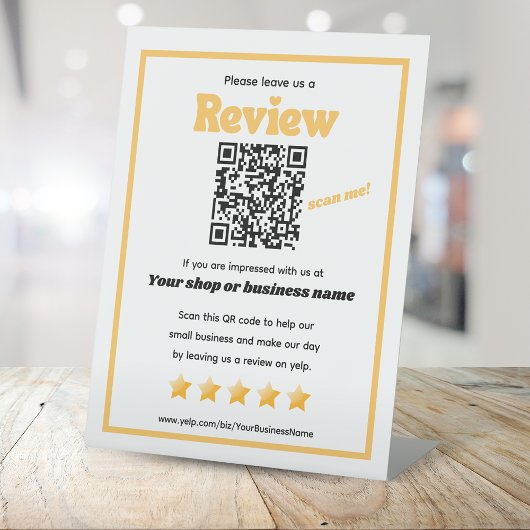 Retro QR Code 'verlass uns a review' Gelb YELP Sockelschild