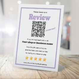 Retro QR Code "verlass uns a review" YELP lila Sockelschild