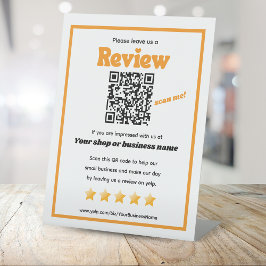 Retro QR Code 'verlass uns a review' YELP orange Sockelschild