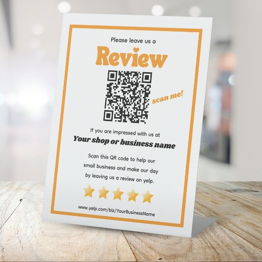 Retro QR Code 'verlass uns a review' YELP orange Sockelschild