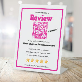Retro QR Code 'verlass uns a review' YELP pink Sockelschild