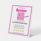 Retro QR Code 'verlass uns a review' YELP pink Sockelschild (Vorderseite)