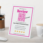 Retro QR Code 'verlass uns a review' YELP pink Sockelschild (In SItu)