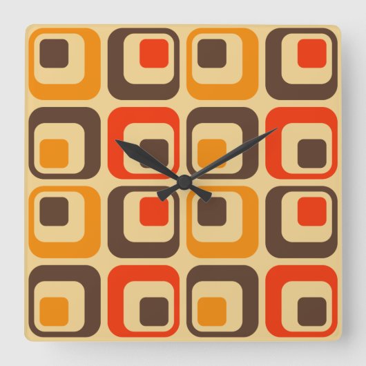 Retro Quadrat-Muster - Rot, Brown u. Orange Quadratische Wanduhr (Vorderseite)