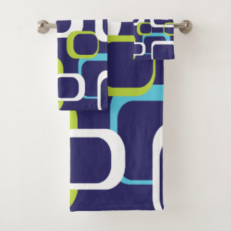 Retro-Quadrate Muster Blau Grün Weiß Badhandtuch Set