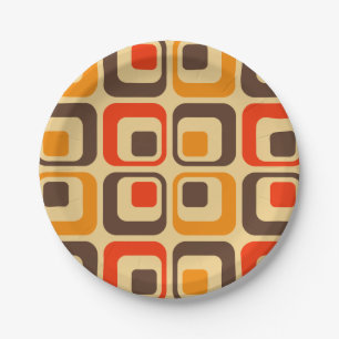 Retro-Quadrate-Muster - Rot, Braun & Orange Pappteller