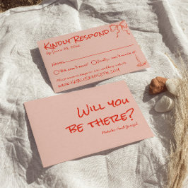 Retro Quirky Hand Drawn Pink Red Unique Wedding RSVP Karte