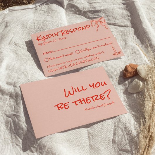 Retro Quirky Hand Drawn Pink Red Unique Wedding RSVP Karte