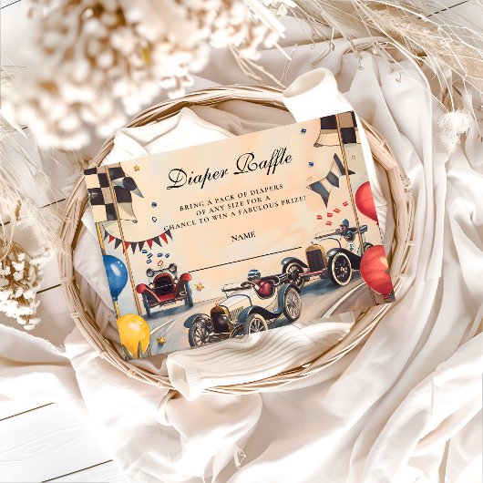 Retro Race Car Baby Shower Diapper Raffle Begleitkarte
