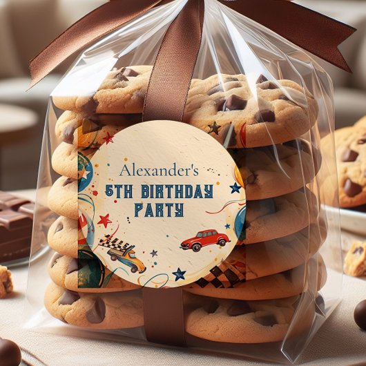 Retro Race Car Birthday Party Runder Aufkleber