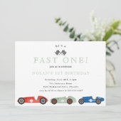 Retro Race Car Fast ein Thema Geburtstag Einladung (Stehend Vorderseite)