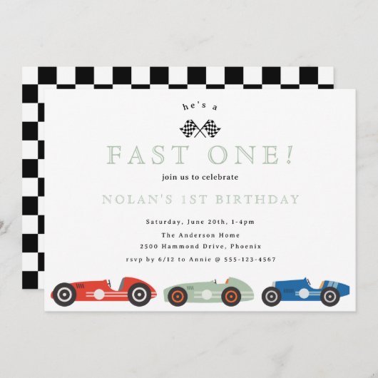 Retro Race Car Fast ein Thema Geburtstag Einladung (Vorne/Hinten)