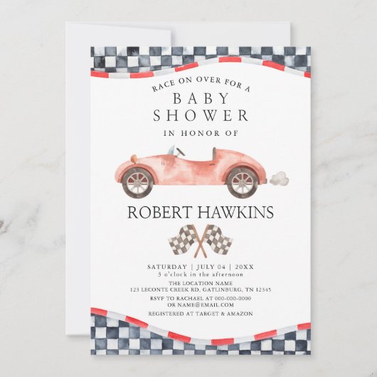 Retro Race Car Gender Neutral Baby Dusche Einladung (Vorderseite)