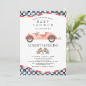 Retro Race Car Gender Neutral Baby Dusche Einladung (Stehend Vorderseite)