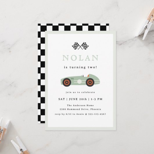 Retro Race Car Thema Geburtstag Einladung (Vorderseite/Rückseite Beispiel)
