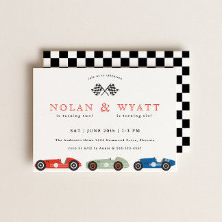 Retro Race Car Thema Gemeinsamer Geburtstag Einladung