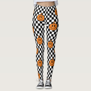 Retro Rad Orange Kürbis Schwarzes Karo Halloween Leggings