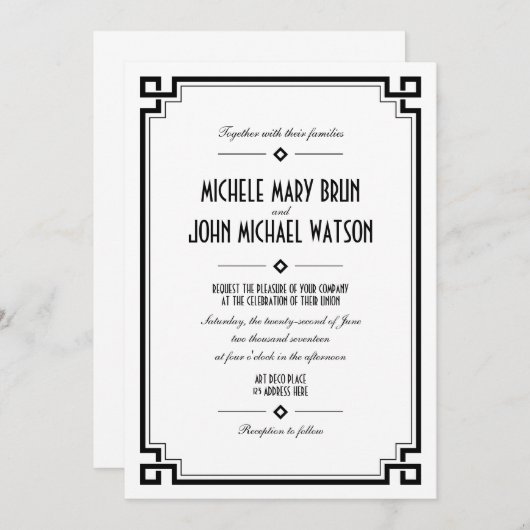 Retro Rahmen Hochzeitsempfang in White Art Deco Einladung (Vorne/Hinten)
