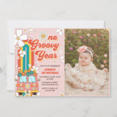 Retro Rainbow 1. Geburtstag Foto Einladung (Vorderseite)