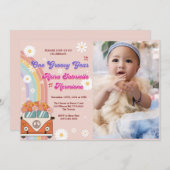 Retro Rainbow 1. Geburtstag Foto Einladung (Vorne/Hinten)