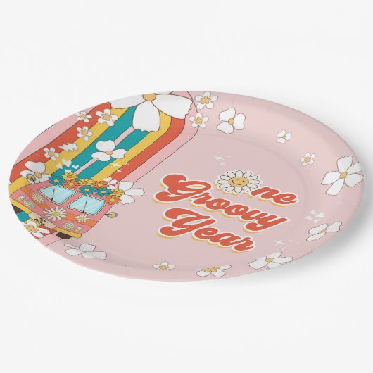 Retro Rainbow 1. Geburtstag Pappteller (Schrägansicht)