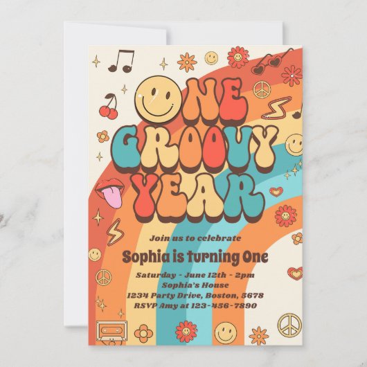 Retro Rainbow 1. Geburtstag Party Einladung (Vorderseite)