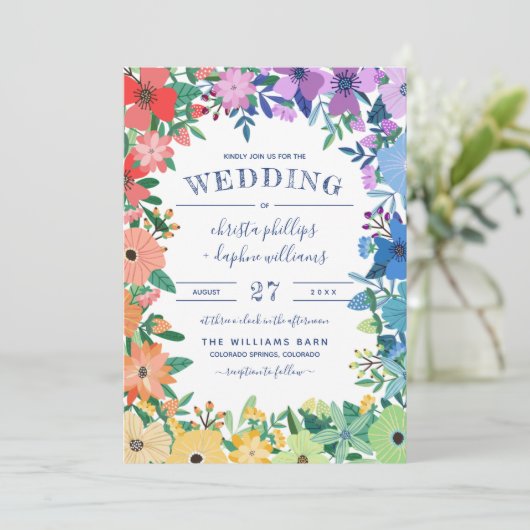 Retro Rainbow Blume Gay Lesbian Wedding Einladung (Stehend Vorderseite)