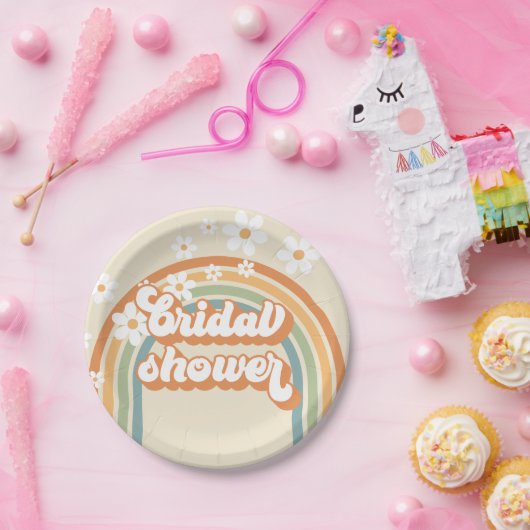 Retro Rainbow Daisy Groovy Brautparty Pappteller (Party)