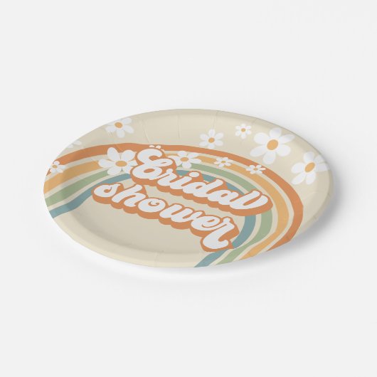 Retro Rainbow Daisy Groovy Brautparty Pappteller (Schrägansicht)