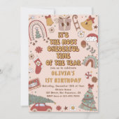 Retro Rainbow Einmal Weihnachten 1. Geburtstag Einladung (Vorderseite)