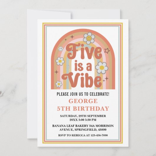 Retro Rainbow FIVE is a Vibe Groovy 5th Birthday Einladung (Vorderseite)