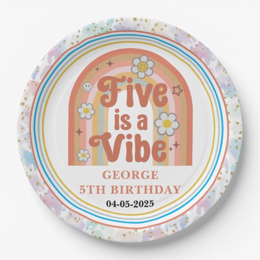 Retro Rainbow FIVE is a Vibe Groovy 5th Birthday Pappteller (Vorderseite)