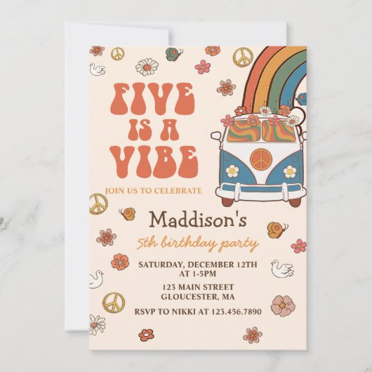 Retro Rainbow Five ist ein Vibe Groovy 5. Geburtst Einladung (Vorderseite)