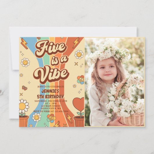 Retro Rainbow Five ist ein Vibe Groovy 5. Geburtst Einladung (Vorderseite)