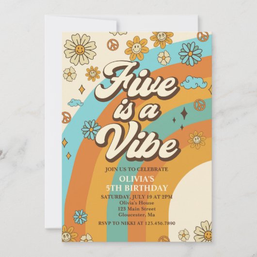 Retro Rainbow Five ist ein Vibe Groovy 5. Geburtst Einladung (Vorderseite)