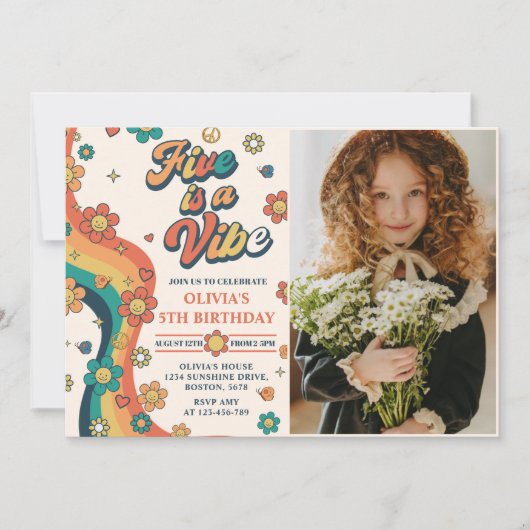Retro Rainbow Five ist ein Vibe Groovy 5. Geburtst Einladung (Vorderseite)
