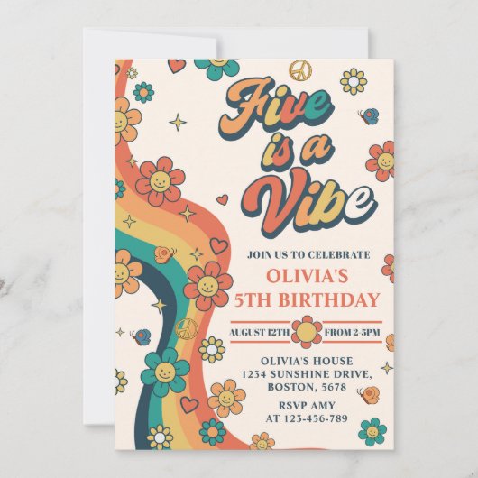 Retro Rainbow Five ist ein Vibe Groovy 5. Geburtst Einladung (Vorderseite)