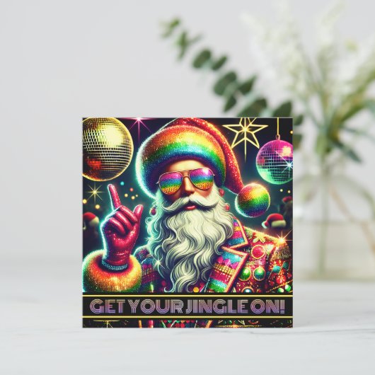 Retro Rainbow Glitzer Ball Santa Xmas Diskothek Pa Einladung (Stehend Vorderseite)