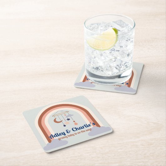 Retro Rainbow Groovy Baby Gender Neutral Dusche Rechteckiger Pappuntersetzer (Vor Ort)