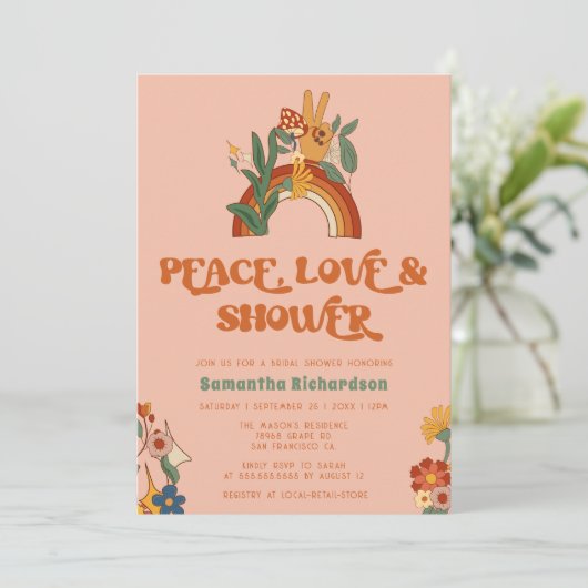 Retro Rainbow Groovy Brautparty Einladung (Stehend Vorderseite)