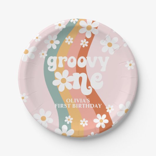 Retro Rainbow Groovy One Daisy Pappteller (Vorderseite)