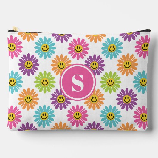 Retro Rainbow Happy Daisy Pattern Mit Monogramm Zubehörtasche (Vorderseite)