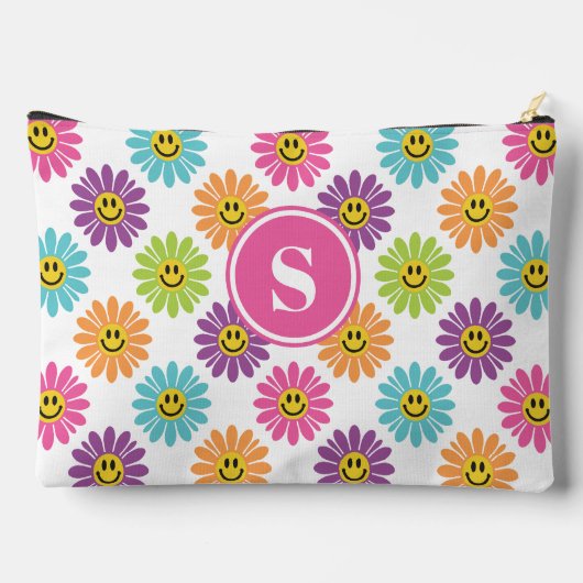 Retro Rainbow Happy Daisy Pattern Mit Monogramm Zubehörtasche (Rückseite)