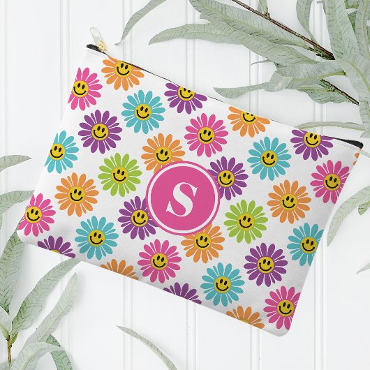 Retro Rainbow Happy Daisy Pattern Mit Monogramm Zubehörtasche